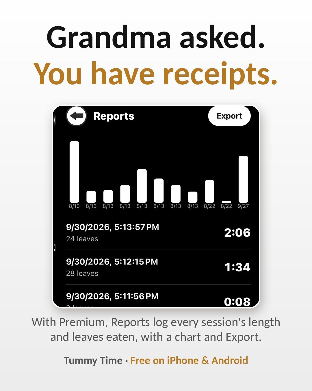 Grandma asked. You have receipts. (Reports is part of Premium.)